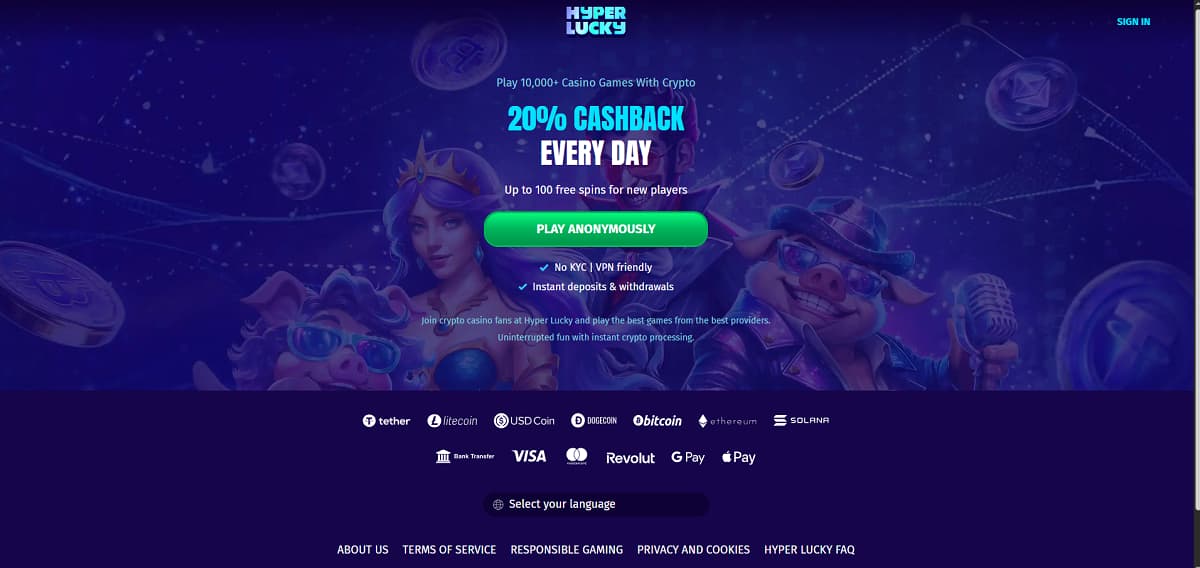 HyperLucky Startseite mit buntem Kryptodesign und Maskottchen-Figuren wie Krönungsträgerin und zwei Schweine im Showstil. Angebot: 20 % tägliches Cashback, bis zu 100 Freispiele für neue Spieler. Plattform wirbt mit anonymer Nutzung, sofortigen Ein- und Auszahlungen sowie Unterstützung für Bitcoin, Ethereum, Solana und weitere Kryptowährungen.