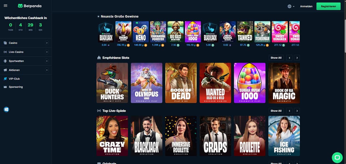 Screenshot der Betpanda-Startseite mit dunklem Design und grünen Akzenten, einem Banner für '10% wöchentliches Cashback' und einem Countdown-Timer.