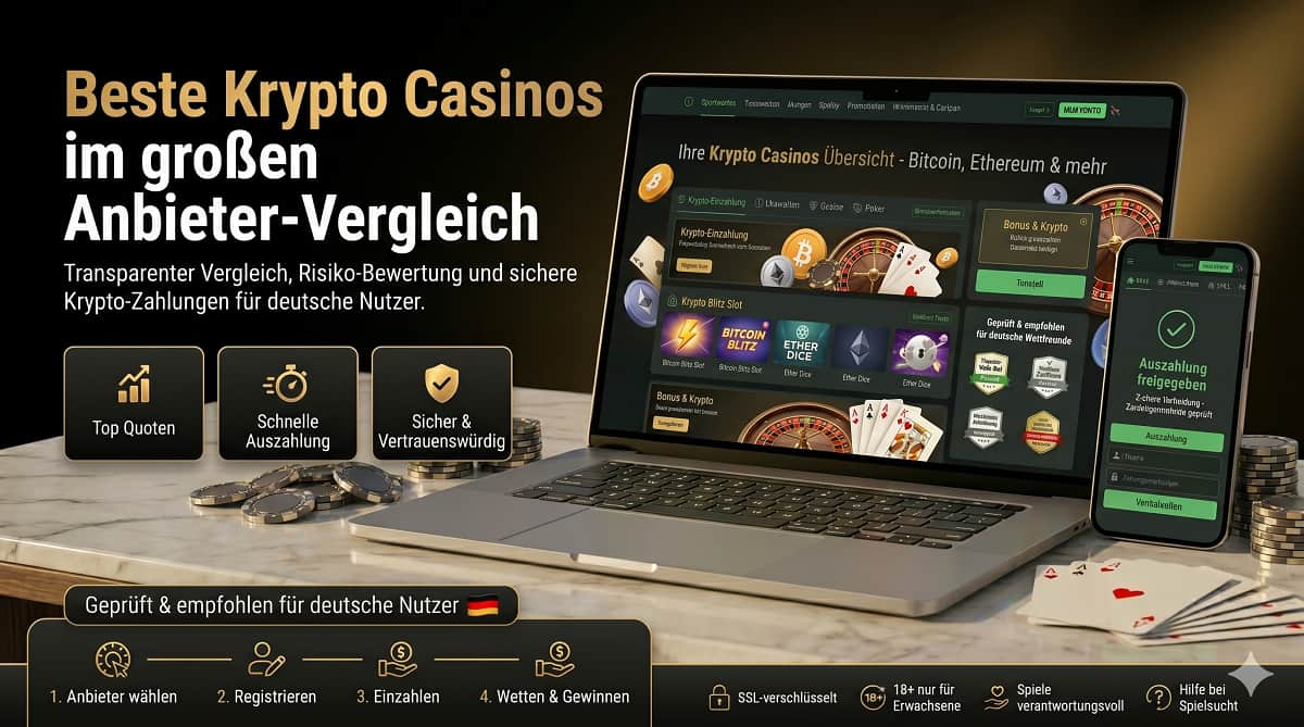 Ein SEO-Heldenbanner für deutsche Krypto Casinos, das eine Premium-Vergleichsseite mit Laptop, Smartphone, Jetons und Karten zeigt.